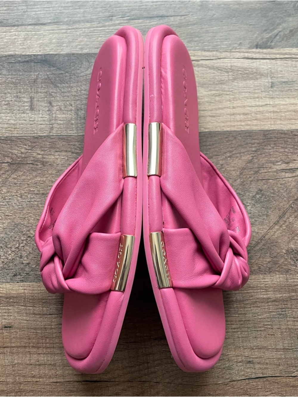 COACH Brooklyn Bright Barbie Pink and Gold Leather Sandals Slides - Picture 5 of 8